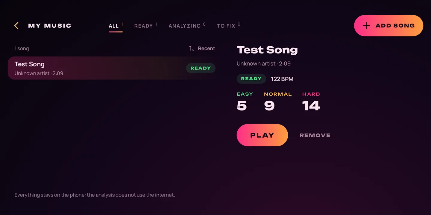 La schermata La tua musica di BeamLane con un brano importato
